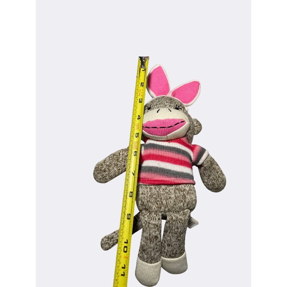Sock Monkey Plush Toy With Pink Bunny Ears And Striped Sweater 12 Inches Tall - Picture 3 of 10